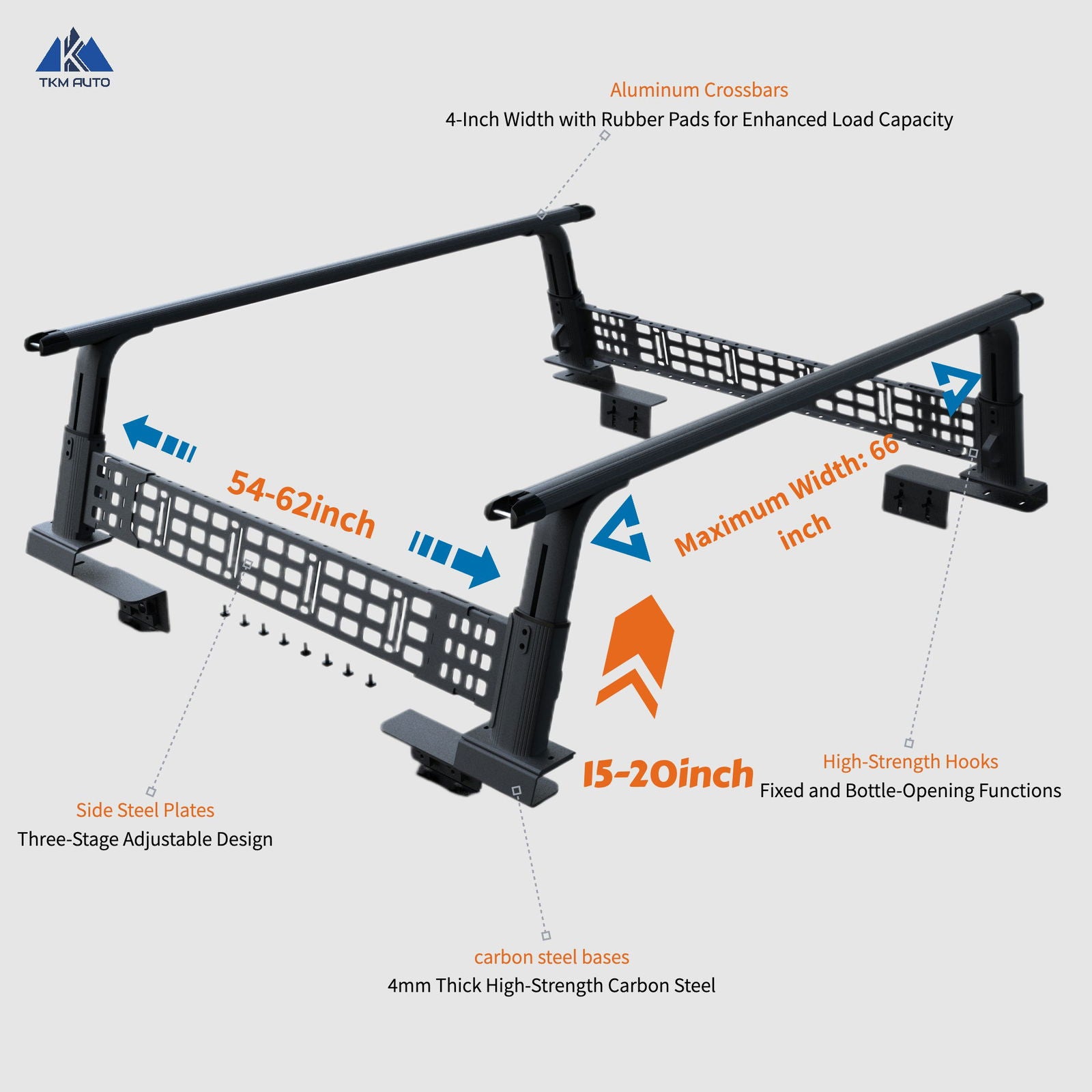 Adjustable Height 15-20 inches BlackTruck Bed Rack Cross Bar with Side Panels Fit Full-Size and Mid-Size Trucks - TKMAUTO