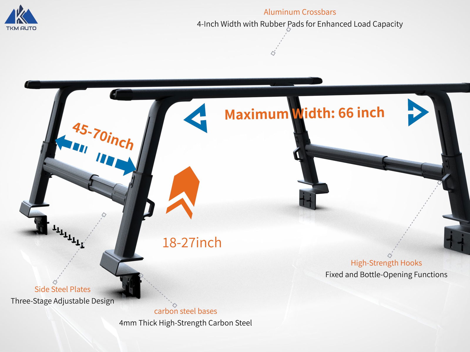 UBR-L006 Adjustable BlackTruck Bed Rack Cross Bar Fit Full-Size and Mid-Size Trucks - TKMAUTO