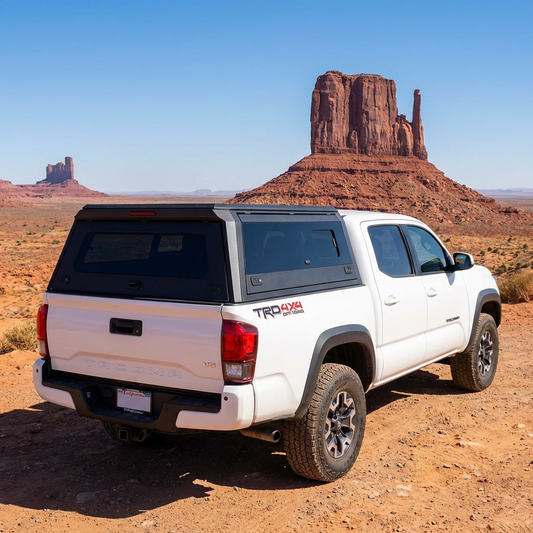 Aluminum truck cap on a Toyota Tacoma in the desert