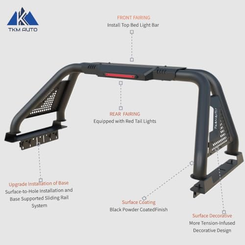 TKMAUTO Sport Bar Roll Bar Fit Toyota Tacoma, Ford Ranger, Chevy Colorado, GMC Canyon, and Nissan Frontier (Black Steel)