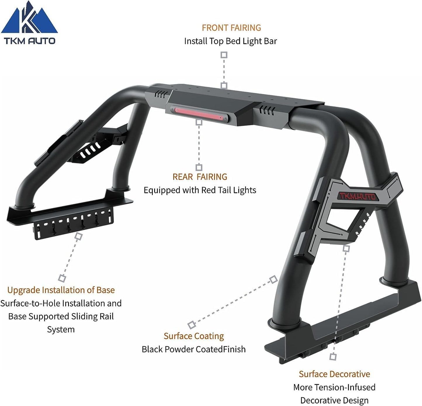 TKMAUTO Black SRB005 Sport Bar Roll Bar with Side Rails Compatible with Full-Size Trucks F150 | F250 | F350 | Silverado Sierra 1500 2500 3500HD | Ram 1500 2500 3500 | Tundra | Titan