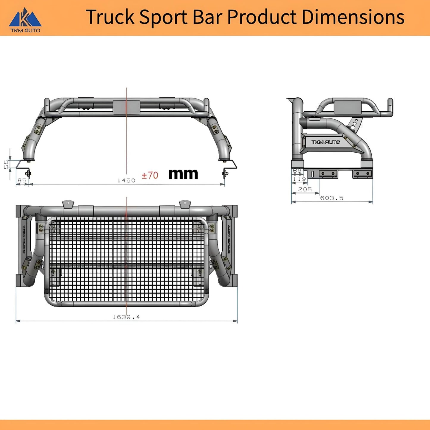 TKMAUTO Sport Bar Roll Bar Black Steel with Cargo Basket (Mid Size Truck)