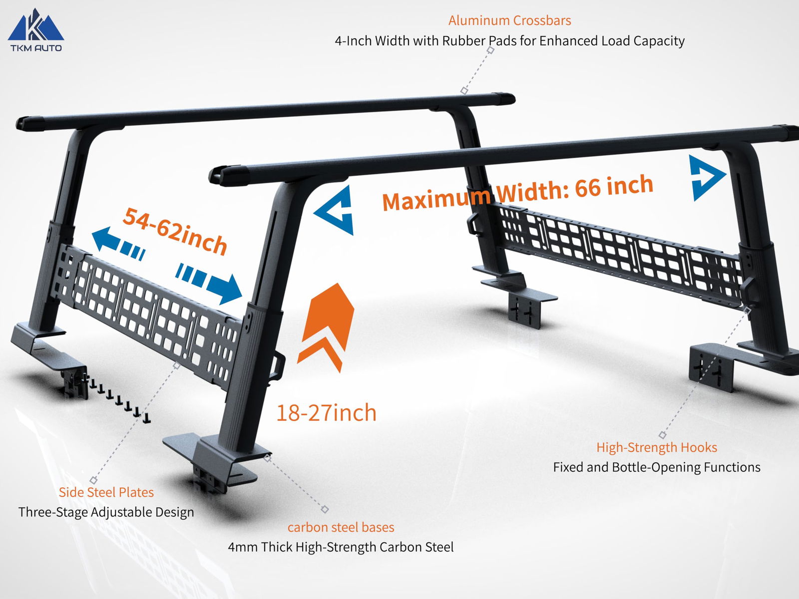 Adjustable Height 18-27 inches Black Truck Bed Rack Cross Bar with Side Panels Fit Full-Size and Mid-Size Trucks - TKMAUTO
