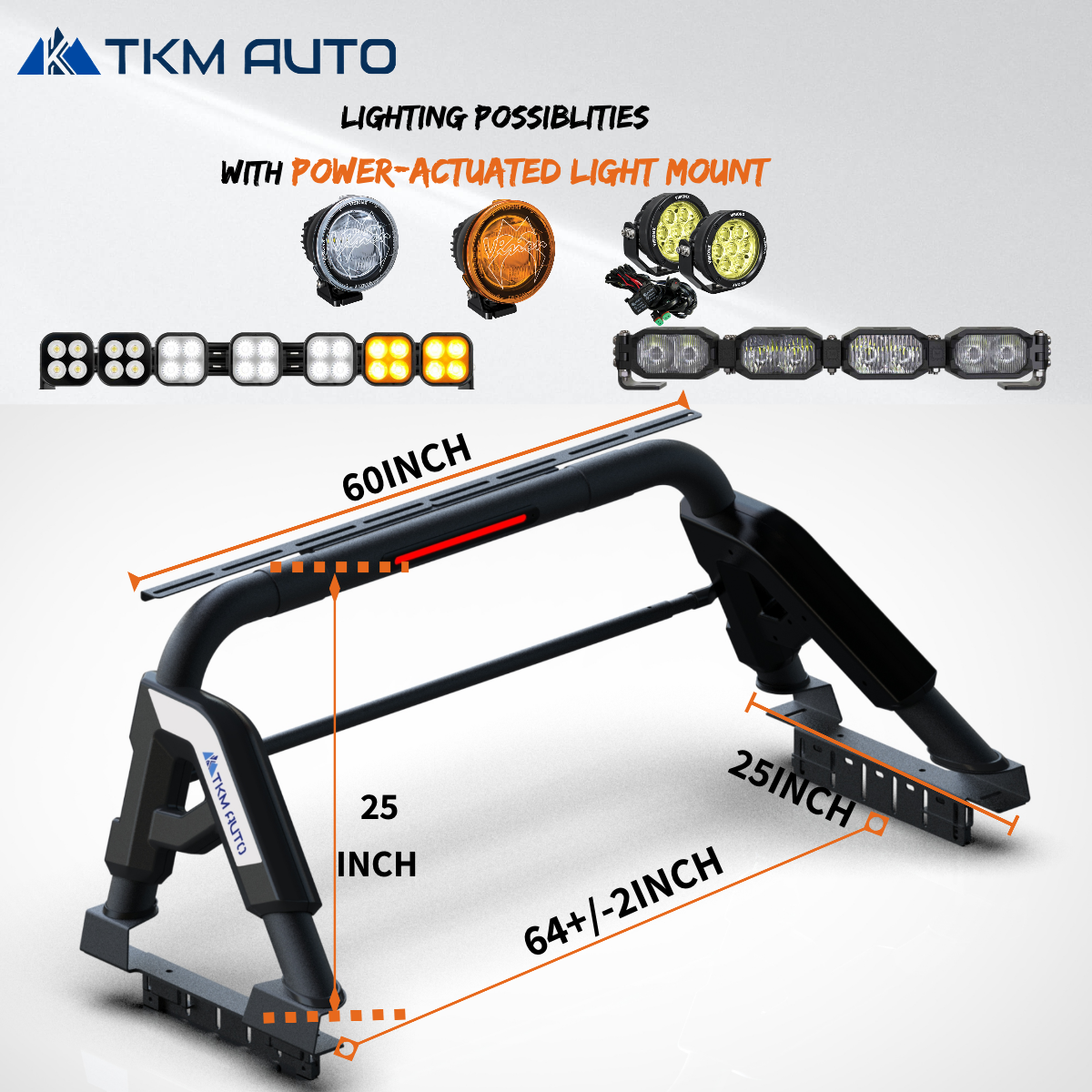 TKMAUTO Black SRBL012 Sport Bar Roll Bar Compatible with Full-Size Trucks F150 | F250 | F350 | Silverado Sierra 1500 2500 3500HD | Ram 1500 2500 3500 | Tundra | Titan