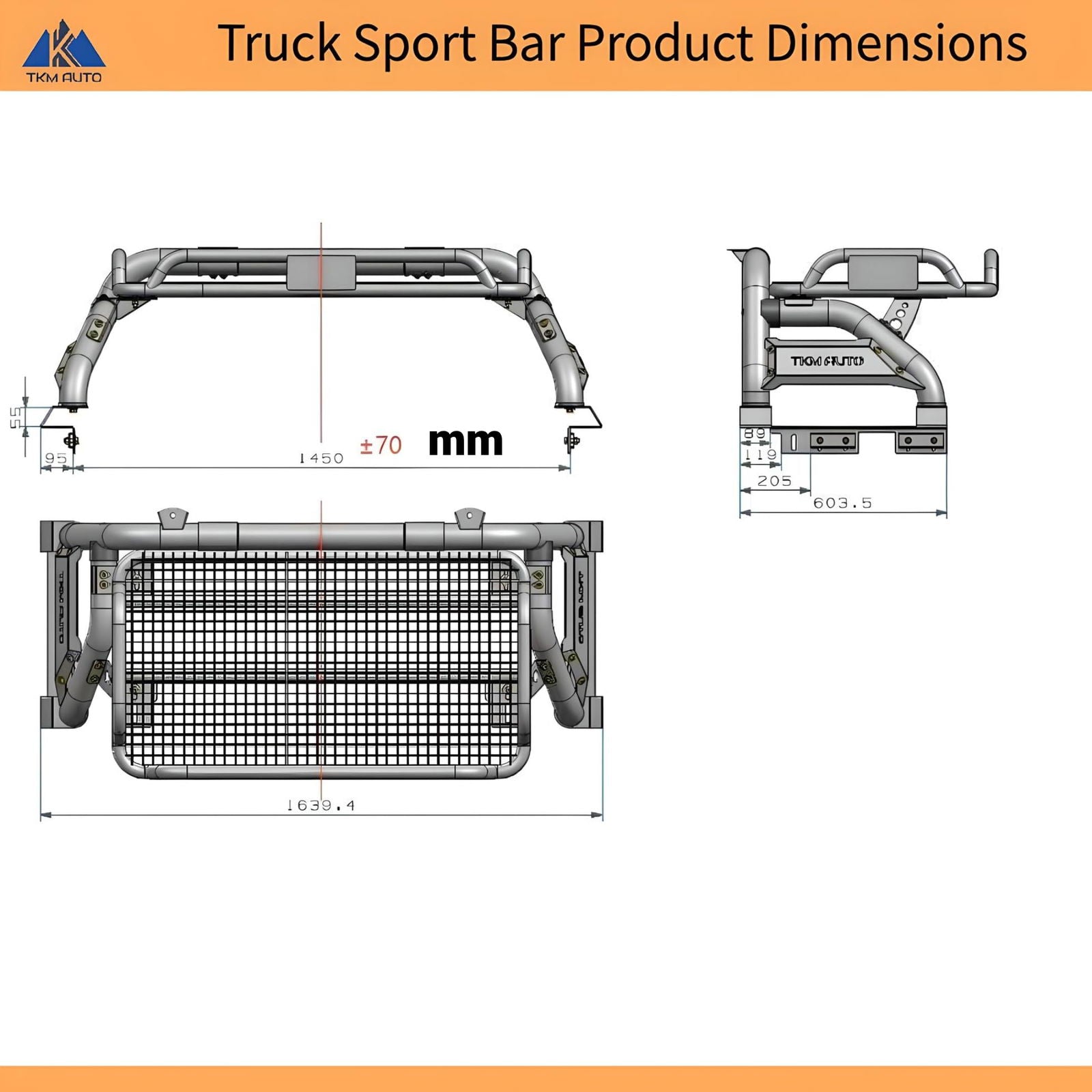 TKMAUTO Sport Bar Roll Bar Black Steel with Cargo Basket-FULL SIZE - TKMAUTO